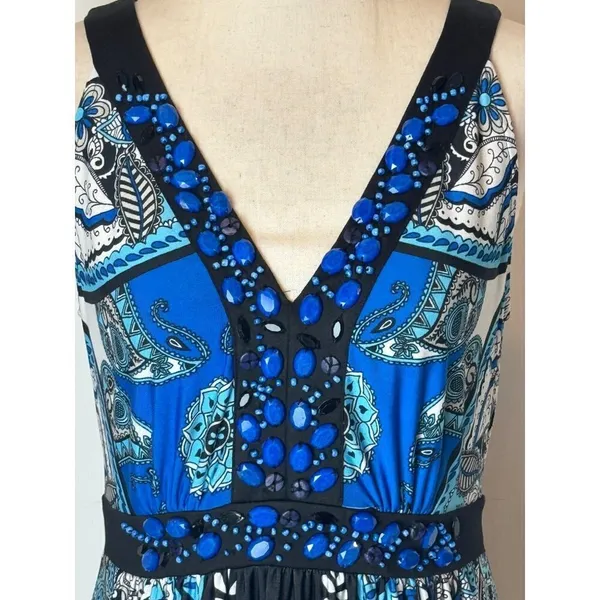 Eci New York Dress Womens 6 Blue And Black Paisley‎ Beaded V Neck Tie Back Maxi - Image 8