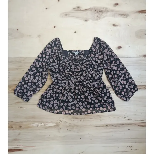 American Eagle Women's Floral Long Sleeve Peplum Top Size Large Smocked Blouse - Image 2