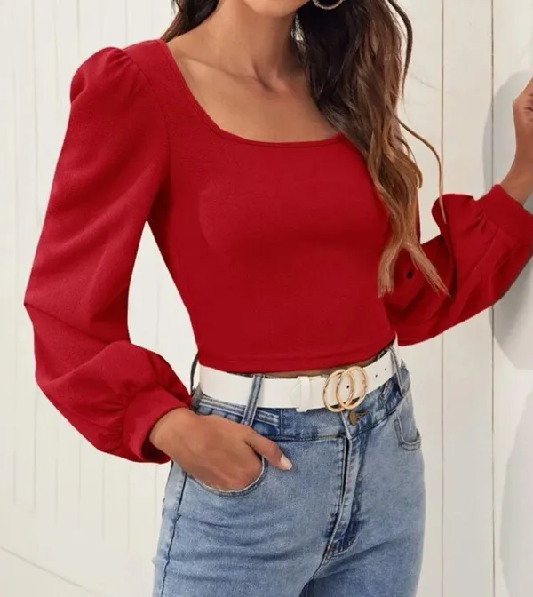 Lantern Sleeve Solid Top - Image 3