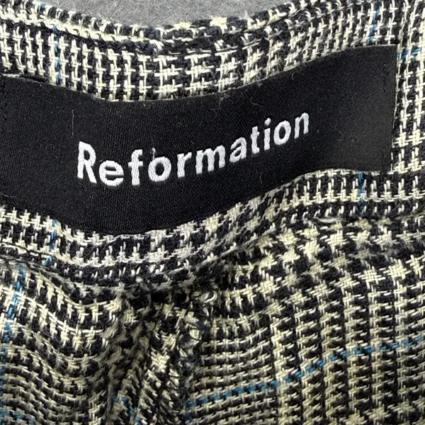 Reformation 100% Linen Wide Leg Plaid Pants‎ Black White Blue Size 2 High Rise - Image 2