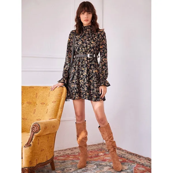 SheIn Black Floral Long Sleeve Mock Neck Smocked Waist Mini Dress XS Whimsical Gothic - Image 4