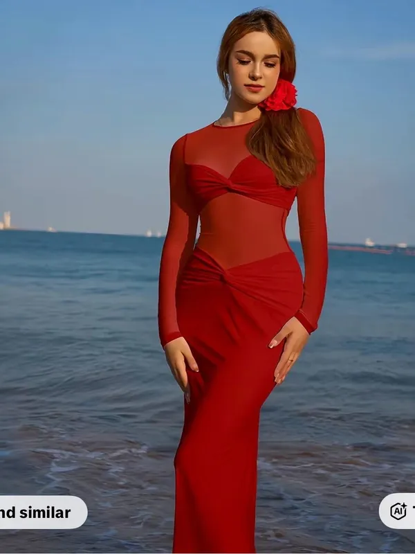 Elegant Red Long-Sleeve Sheer Panel Evening Dress - Image 3
