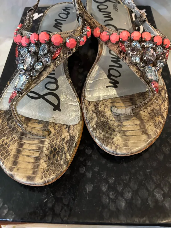 Sam Edelman Coral Beaded T-Strap Sandals with Animal-Print - Image 3
