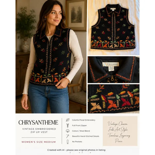 Vintage Chrysantheme Vest Womens Size M Wool Cotton Black Autumn Folk Art Zip Up - Image 9