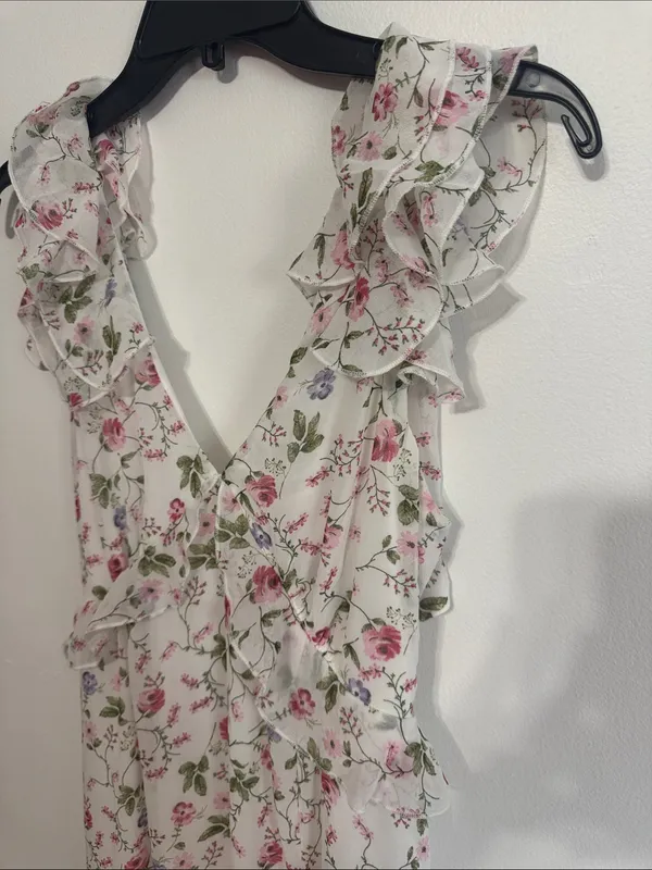 Audrey Parks Floral Ruffle V-Neck Maxi Dress in White with Pink & Green Print - Image 4
