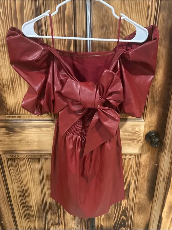 Anthropologie Red Faux-Leather Puff-Sleeve Mini Dress with Bow - Image 7