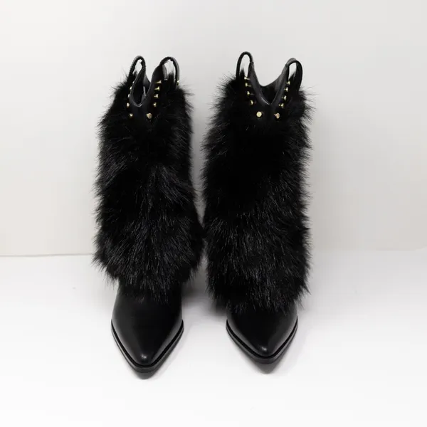 NEW Azalea Wang Violetta Faux Vegan Fur Pull On Western Heel Boots Shoes Black 7 - Image 2