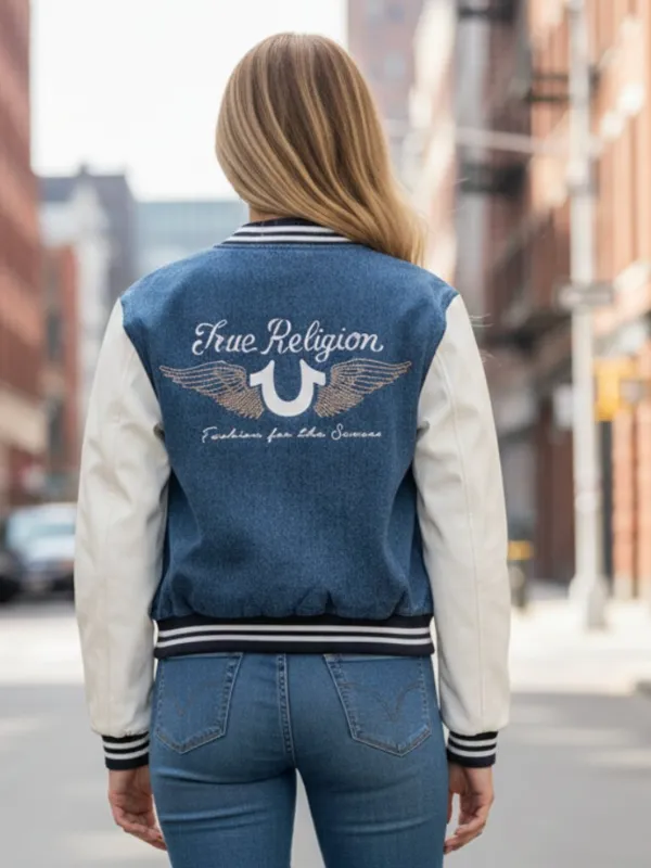NWT True Religion $239 crystal wing denim varsity jacket Large Blue White Small - Image 2