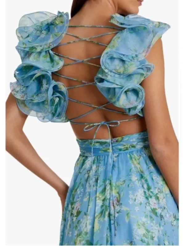 Mac Duggal Blue Ruffle Tiered Floral Cut-Out Chiffon Gown 6 Fairy Whimsy Formal - Image 5