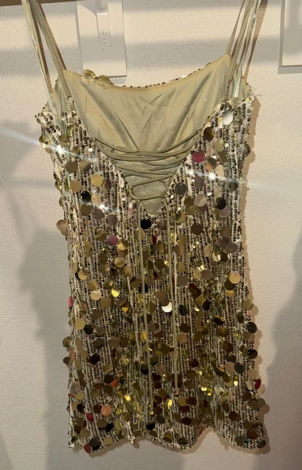 Cleo Mini Dress-Circle Sequin Mini Dress In Light Gold - Image 4