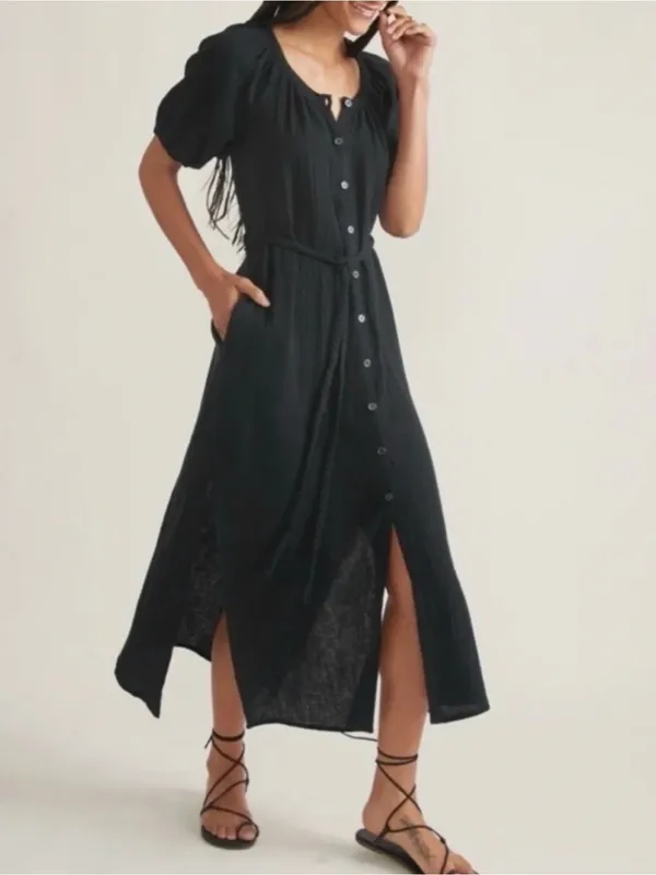 Marine Layer Erin Shirt Dress M Black Cotton Gauze Button Front Midi Puff Sleeve - Image 2
