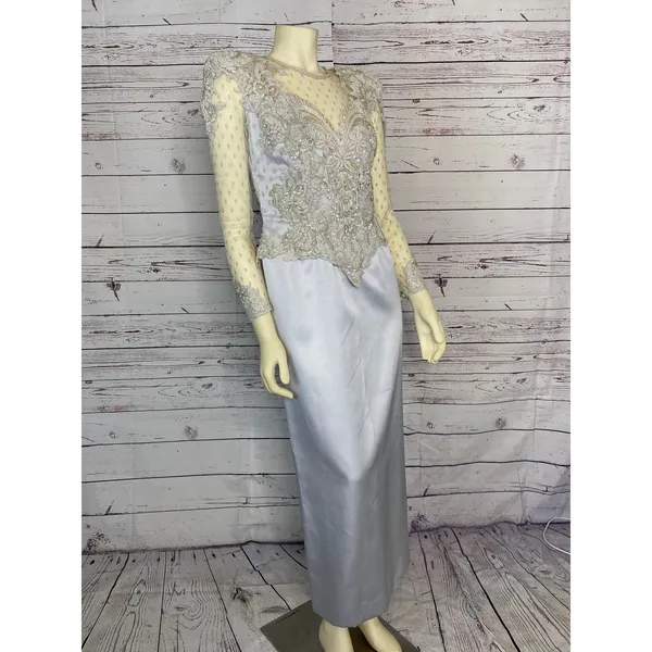 1990s Vintage Ice Blue Beaded Formal Gown Sheer Lace Bodice Custom S-M - Image 7