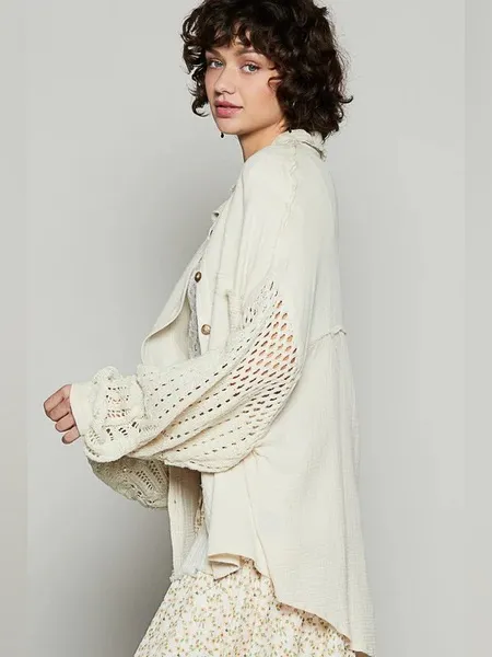 POL Openwork Crochet Lantern Sleeve Cotton Gauze Oversized Button Shirt Jacket - Image 12