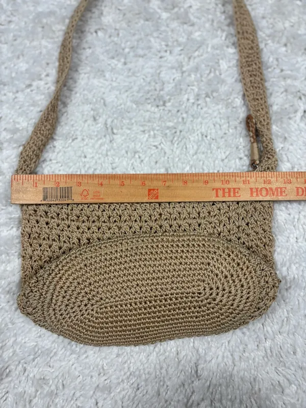 The Sak Tan Crochet Knit Boho Shoulder Bag Zip Top Beige Hobo Purse Lined - Image 7