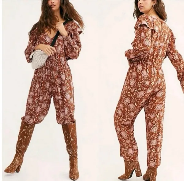 NWOT Free people lux floral jumpsuit ruffle brown‎ pink Sz S - Image 2