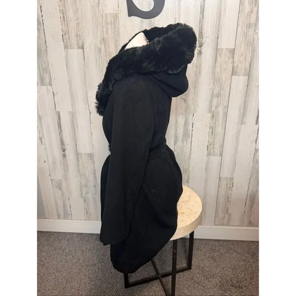 H&M Black Trench Coat Small | Faux Fur Collar Hooded Belted Winter Coat - Image 5