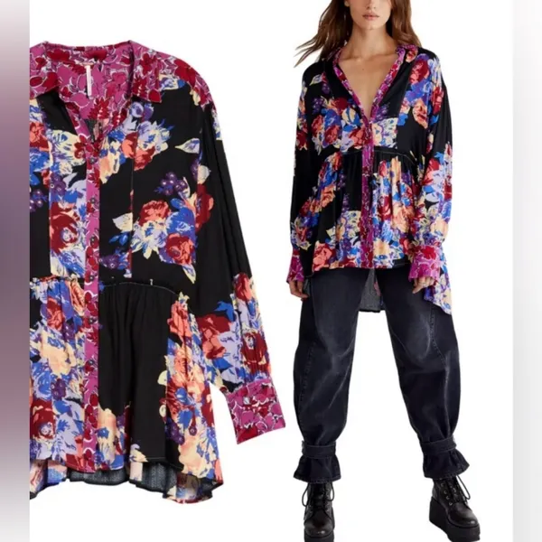 Free People Bunch A Brunch Tunic‎ Top Dress Black Motif Pink Purple Floral Small - Image 3