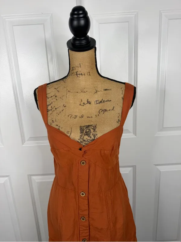 Anthropologie Maeve Size M Rust Orange Linen Blend Button Front Mini Dress - Image 3