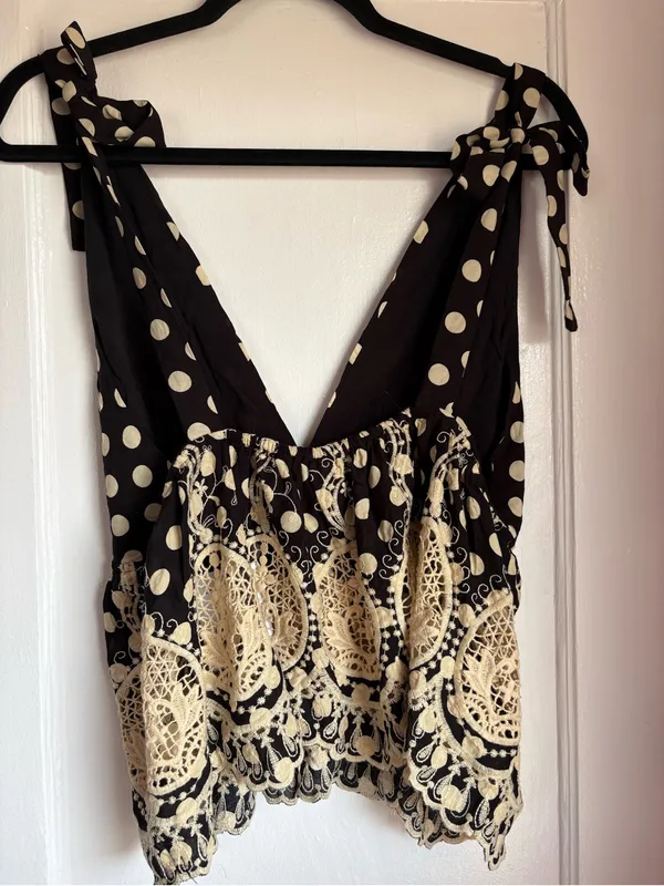 Free People Lunch Date Polka Dot Halter Top Crochet Lace Boho Black Medium NWT - Image 8