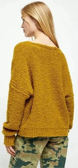 Free People Finders Keepers Sweater Boucle Knit V-Neck Slouchy Boho Moss Green M - Image 2