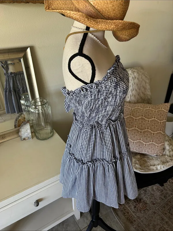 Altar’d state navy white gingham ruffle strapless western rush mini dress M - Image 8