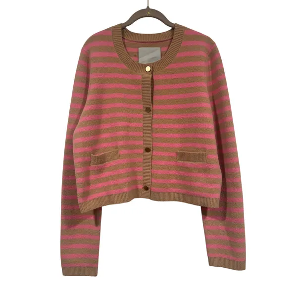 NVLT Anthropologie Striped Cardigan Sweater Lady Jacket Pink Tan Large Preppy - Image 2