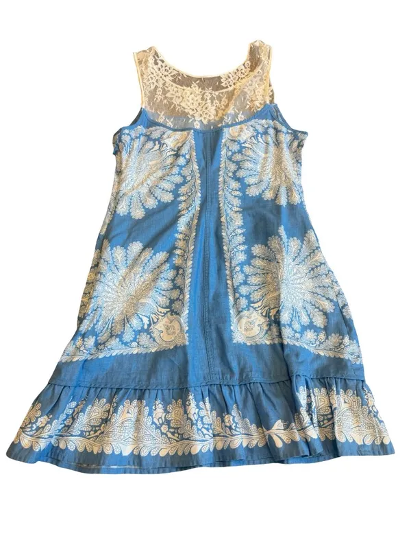 Free People Blue Ivory Paisley Lace Yoke Shift Dress Boho Mini Size 4 Women's - Image 7