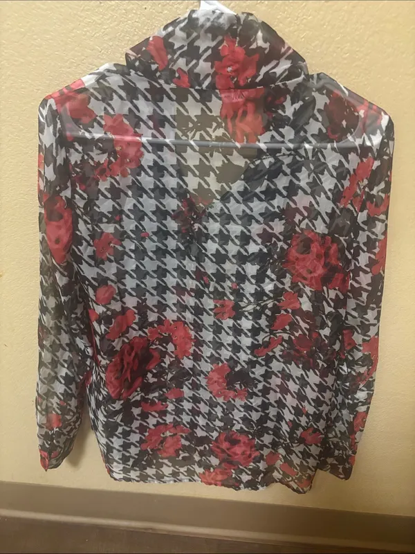 Zara Roses Print Houndstooth Semi-Sheer Blouse with Red Floral Print XS Floral - Image 3