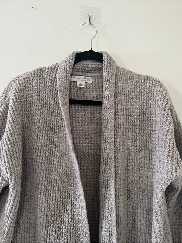 Barefoot Dreams Cozy Chic Oatmeal Taupe Waffle Knit Long Cardigan Small Cabin - Image 3