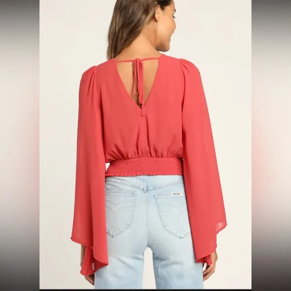 NWOT Lulus Loving Aura Coral Red Smocked Long Flutter Sleeve Top - Image 2