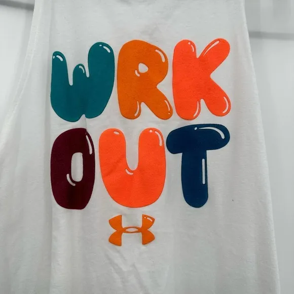 Under Armour size medium loose fit white tank top wrk out balloon letter print‎ - Image 5