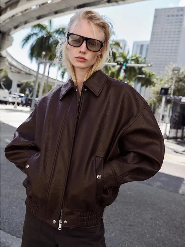 Zara Dark Brown Oversized Faux-Leather Bomber Jacket - Image 3