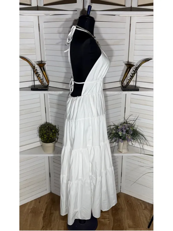 Vintage Y2K maxi dress backless plunge white tiered coquette boho fairy cocktail - Image 3