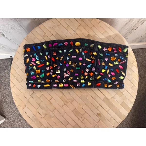 GJG Denim Bejeweled Tube Top Womens Small Multi Color Rhinestone Denim Bandeau - Image 7