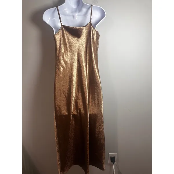 Banana‎ Republic Gold Metallic Cowl Neck Bias Cut Midi Slip Dress Size 2 Holiday - Image 3