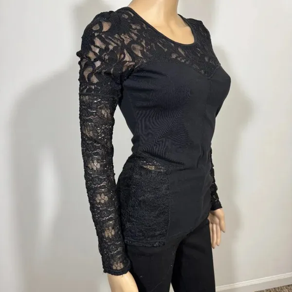 Free People Sweet Thang Blouse Black Lace Top XS Coquette Biker Grunge - Image 6