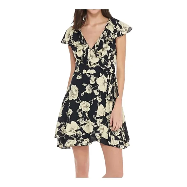 Free People Floral Wrap Mini Dress Womens Size Small Black White Ruffle Flutter‎ - Image 4