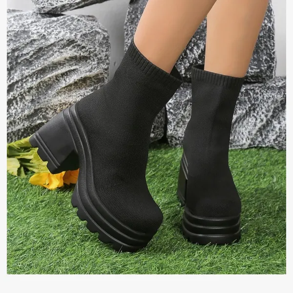 Amazon Black Chunky Heeled Sock Boots - Image 7