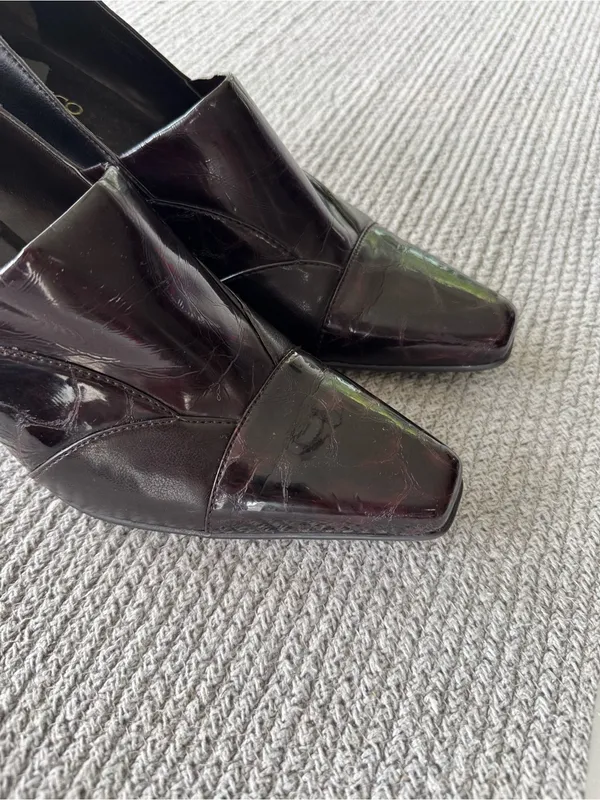 Vintage Franco Sarto Dark Brown Croc Embossed Faux Leather Block Heels Shoes 10 - Image 5