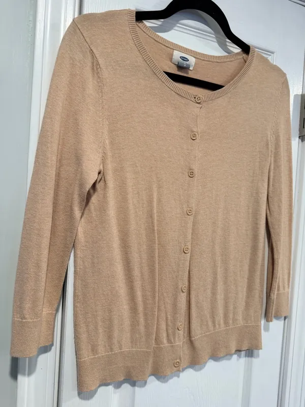 Old Navy Size S Tan Khaki Lightweight Cotton Crew Neck Button Cardigan Sweater - Image 4