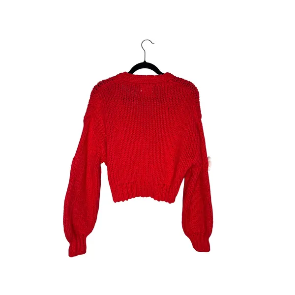 Luna Ivy Crochet Flower‎ Cardigan Womens Medium Red Excellent 3D Floral Knit - Image 3