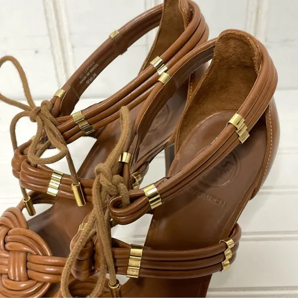 Tory Burch Tan Brown Leather Knotted Strappy Lace Up Stiletto Heels Sandals 9.5M - Image 10