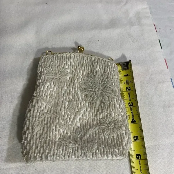 Vintage White Beaded Evening Bag Floral Beadwork Gold Metal Frame Satin Lining - Image 4