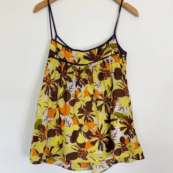 Milly New York Yellow Brown Floral Print Flowy Babydoll Cami Top Tank Womens 2 - Image 6