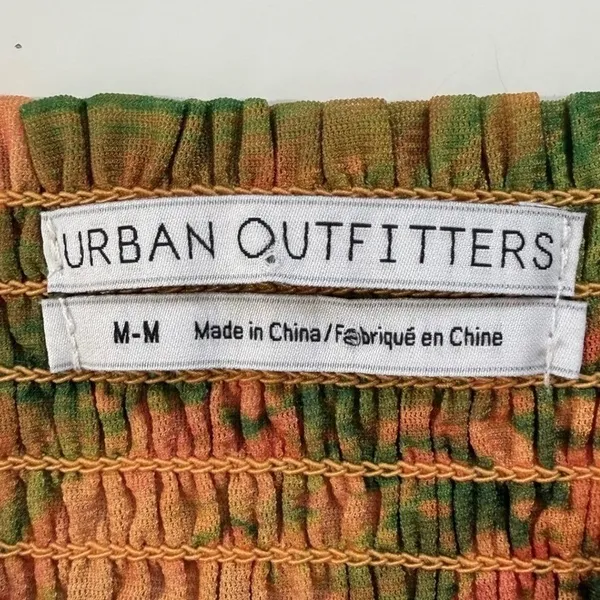 Urban Outfitters‎ Orange Green Floral Mesh Mini Dress Smocked Boho Ruffle Med - Image 3