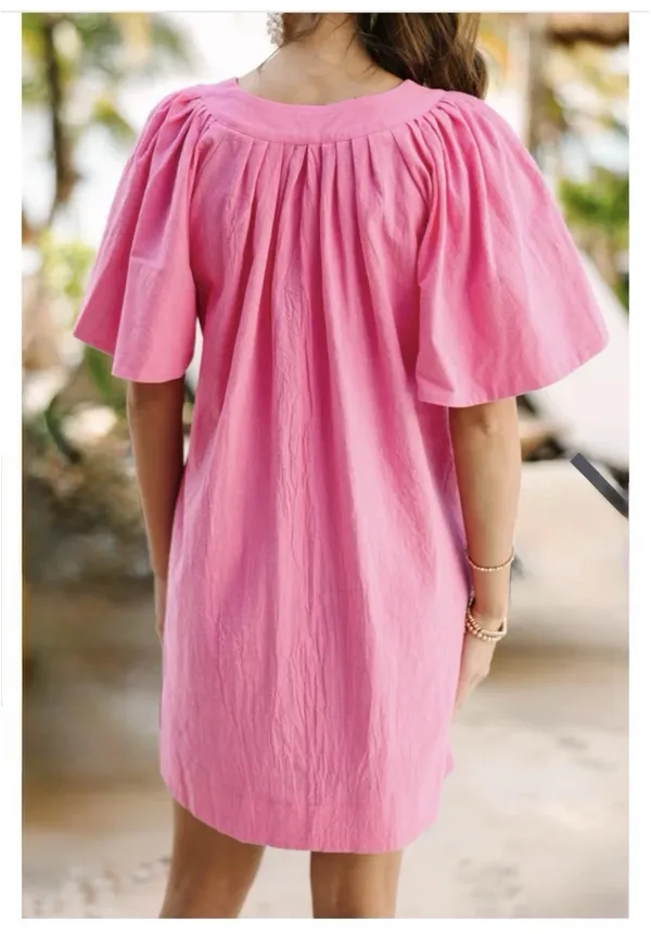Boutique Pink Cotton Flutter Sleeve Babydoll Dress - Image 2
