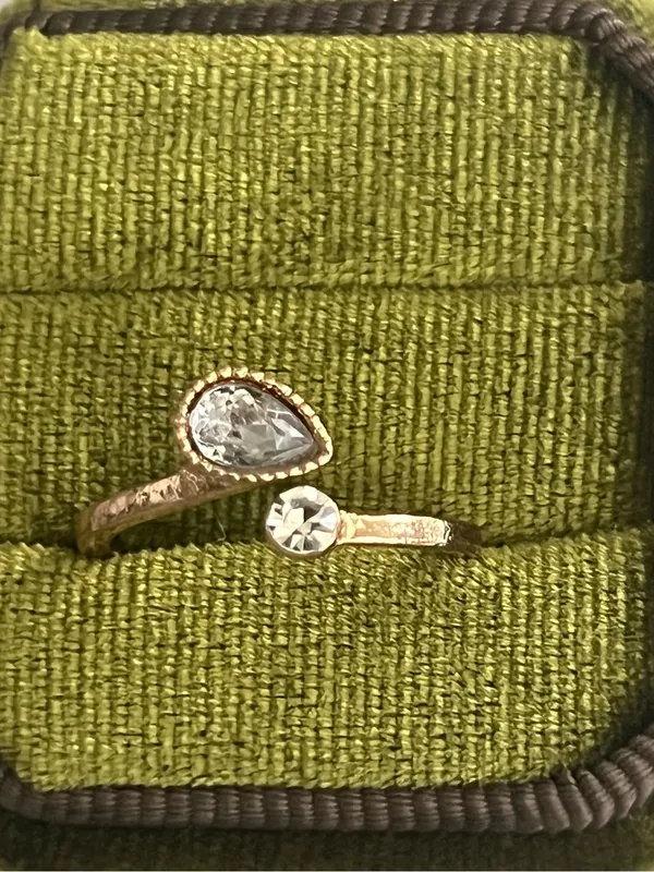 Delicate Rose Gold Teardrop and Round Crystal Adjustable Ring Size 6-9 - Image 2