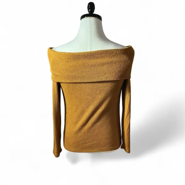 Off Shoulder Long Sleeve‎ Ribbed Knit Top With Button Detail - Mustard - Image 2