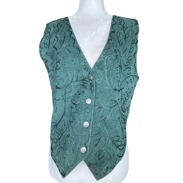 Vintage Scully Western‎ Embroidered Leather Vest Green Suede Boho Cowgirl Small - Image 2