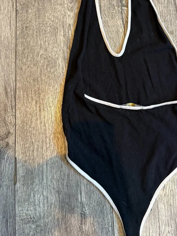 Black and White Halter Top Bodysuit Plain Solid Womens Small Clips On Bottom - Image 3
